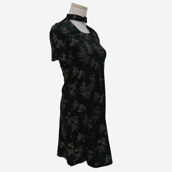 VTG 90s Y2K Velvet Mini Dress Rose Embroidered Tie Back Whimsigoth Goth Grunge - Picture 3 of 6